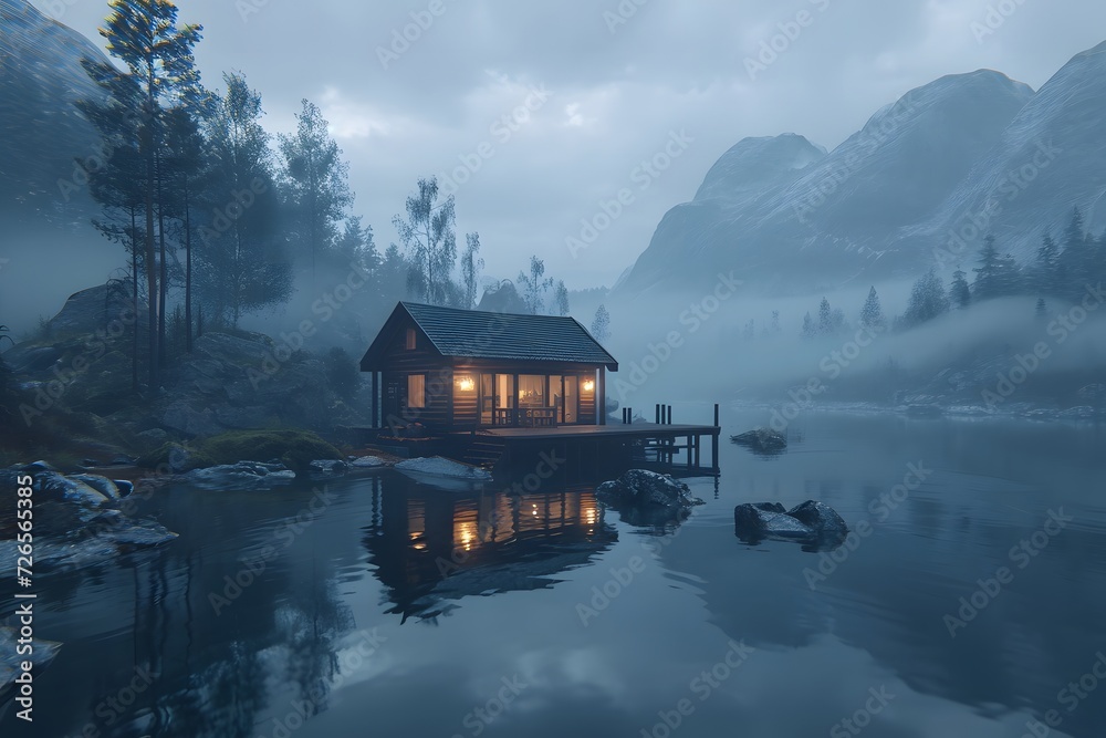 Fototapeta premium cabin nestled in a snowy mountain landscape