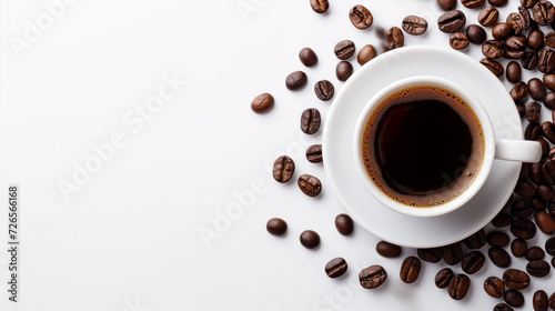 Cup of hot espresso with aromatic coffee beans on a saucer