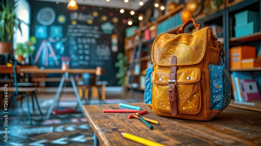 Fototapeta premium Panoramic Modern Backpack Spilling School Supplies