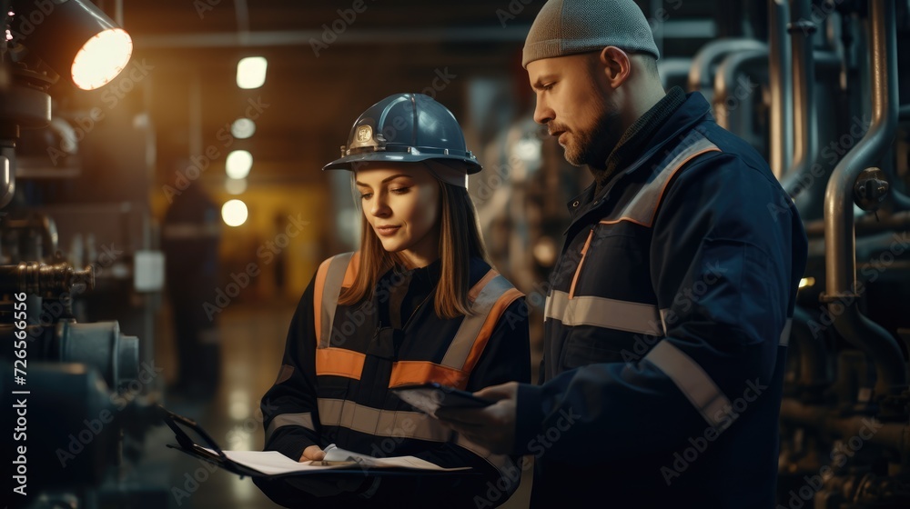 man engineer with woman in uniform working and check outside factory of Large oil pipeline and gas pipeline in the process of oil refining and the movement of oil and gas, Generative AI
