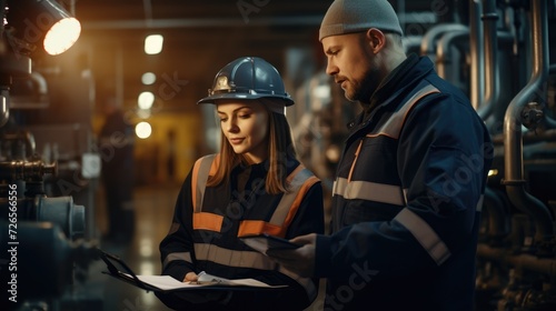 man engineer with woman in uniform working and check outside factory of Large oil pipeline and gas pipeline in the process of oil refining and the movement of oil and gas, Generative AI