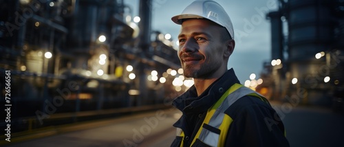 man engineer in uniform working and check outside factory of Large oil pipeline and gas pipeline in the process of oil refining and the movement of oil and gas, Generative AI