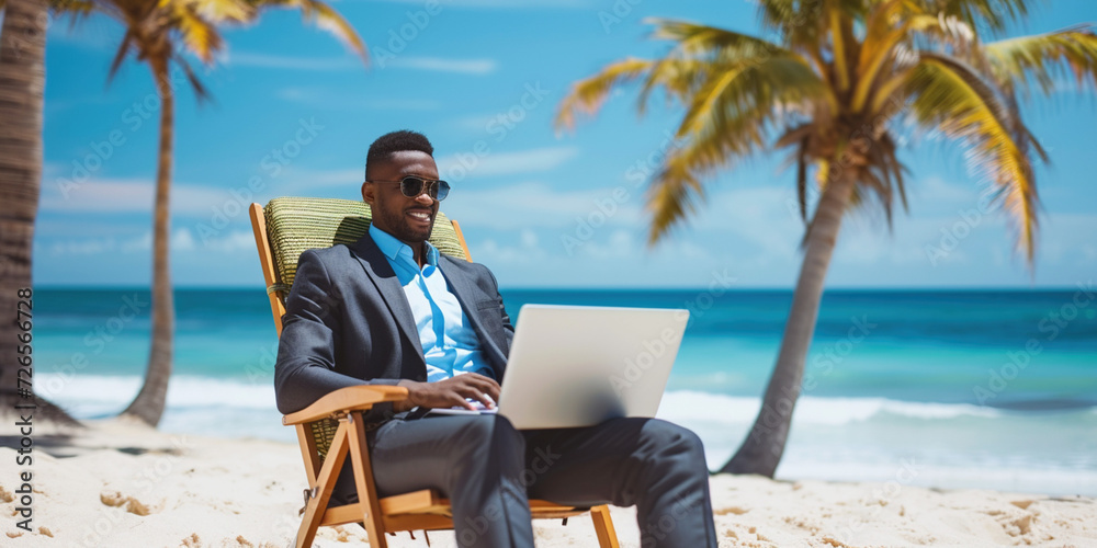 African-American businessman in suit working on computer on the beach. Freelance online remote work concept. Businesslike adult male man using laptop in cafe on a tropical luxury beach resort