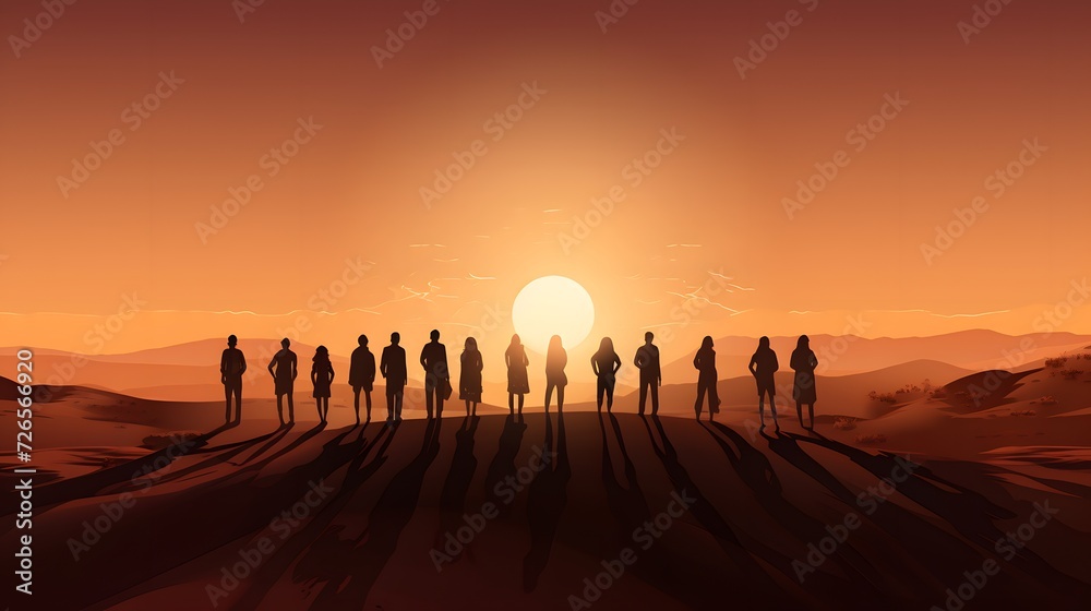 Diverse group of tourists are standing at sunset dunes. People and silhouettes against sandy dunes