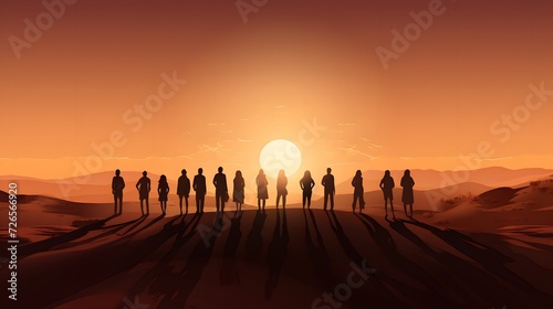 Diverse group of tourists are standing at sunset dunes. People and silhouettes against sandy dunes