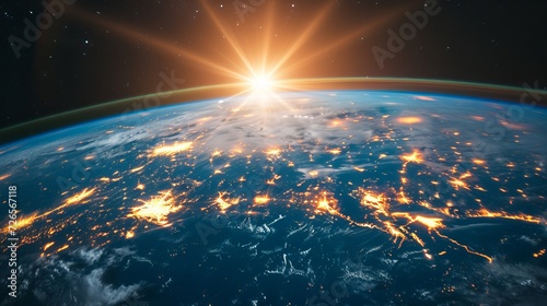 Breathtaking View of Earth from Space with Bright Sunlight, Illuminated Cities at Night, and Starry Sky Background