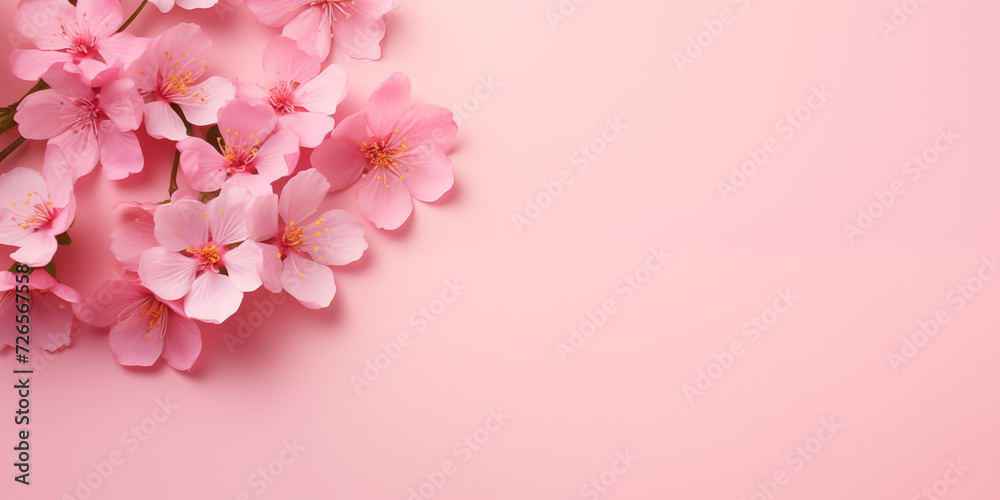 Cherry blossom, Spring floral border background with beautiful fresh Sakura blossom on pastel pink background with copy space. Flat lay, Bloom flowers, Springtime concept.