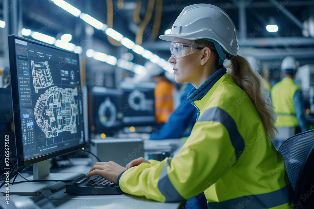 Engineer, A professional female engineer is deeply focused on designing with CAD software at her workstation in an industrial manufacturing facility. Engineer, A professional female engineer is deeply focused on designing with CAD software at her workstation in an industrial manufacturing facility.