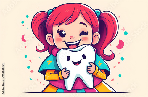 Smiling red-haired girl holds cartoon tooth 