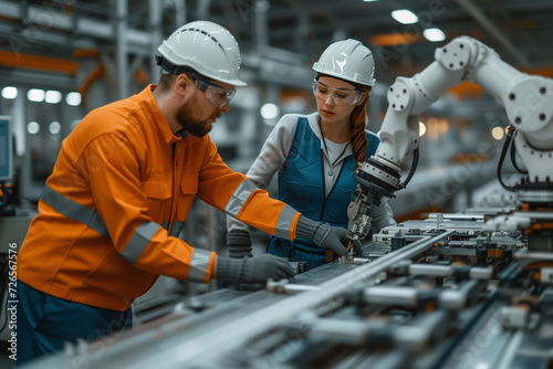 Two engineers, a man and a woman, collaborate to operate and fine-tune robotic machinery in a high-tech industrial setting.