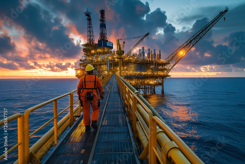 An oil rig engineer, clad in safety gear, walks along the metal gangway of an offshore platform, with the ocean and setting sun in the background. photo