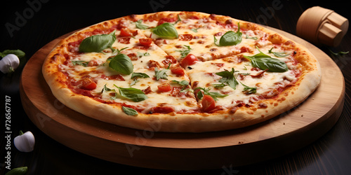Delicious pizza with lots of cheese and very appetizing. close up of homemade baked pizza with fresh mozzarella. 