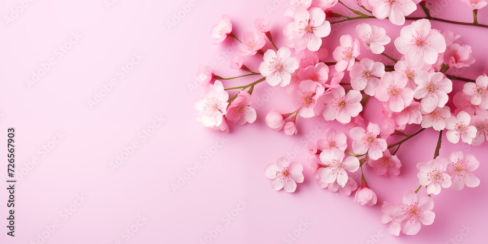 Cherry blossom, Spring floral background. April floral nature and spring Sakura blossom on pink background with copy space. Flat lay, Bloom flowers, Springtime concept.