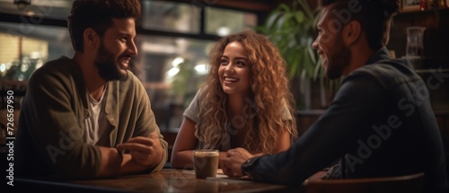 Happy young friends enjoy eating food and drinking talking together over lunch in a coffee shop, friendship and friend concept, Generative AI