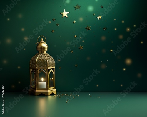 Lantern with golden stars on green wall. Ramadan Kareem background photo