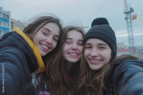 Three cute young girls friends having fun together, taking a selfie at the city