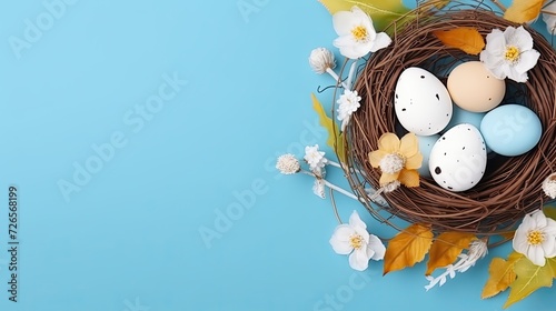 A basket with Easter eggs on a blue background. Celebrate Easter in style with this enchanting photo, featuring a basket adorned with intricately painted eggs, adding elegance to any table. photo