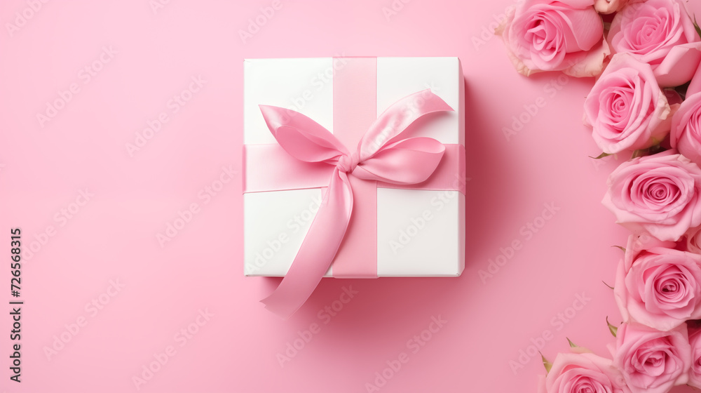 Valentine's Day gift. Top view of white gift box with bow and ribbon and rose on light pink background. Greeting card. Web poster for Anniversary, Holiday, Birthday, Wedding, Romantic and couple.