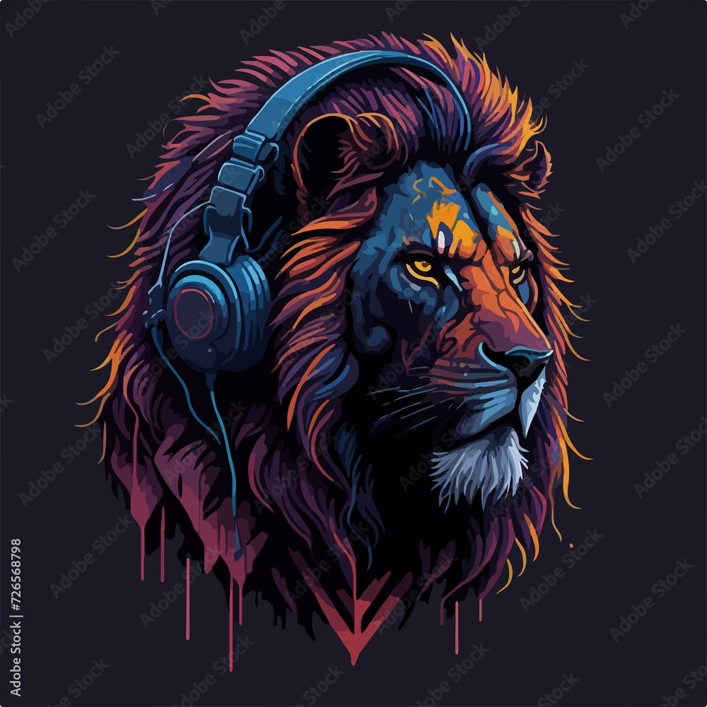 A hip-hop inspired artwork with a jungle twist, featuring a rapper lion in his stylish outfit and rocking his headphones.