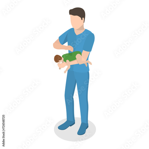3D Isometric Flat Vector Illustration of First Aid Procedure For Choking, Heimlich Maneuver. Item 4