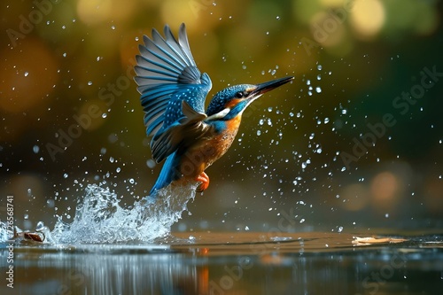a kingfisher coming out of water from the water
