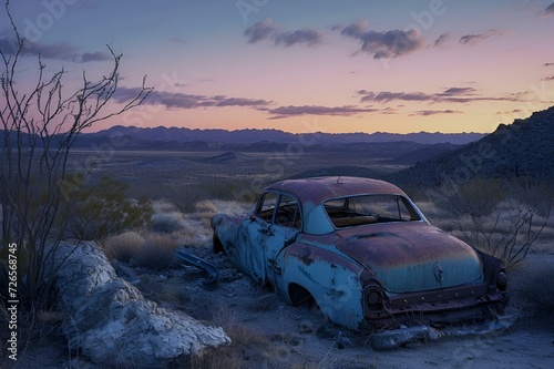 an old car sits in the middle of the desert at sunset
