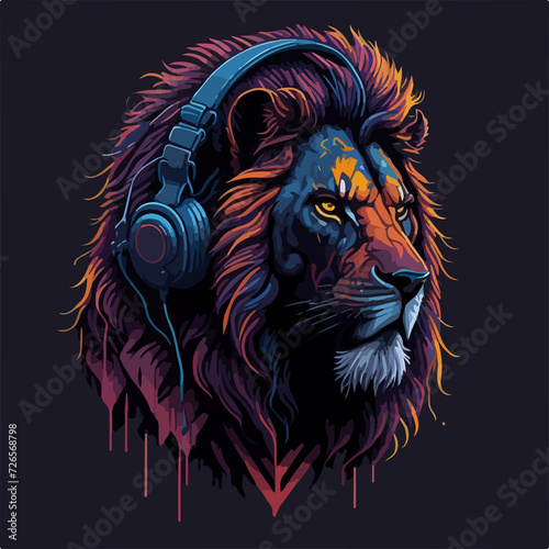 A hip-hop inspired artwork with a jungle twist  featuring a rapper lion in his stylish outfit and rocking his headphones.