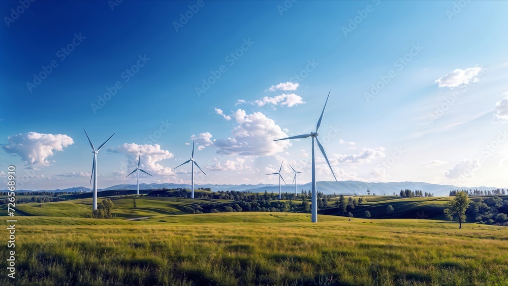 Green Field with Wind Turbines - A detailed matte painting that depicts a field of green grass with wind turbines in the background, with natural colors and textures.