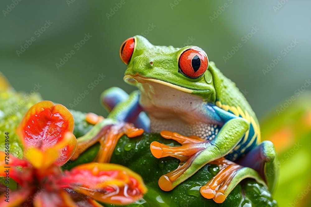 Fototapeta premium a frog with large red eyes sits on a flower stalk