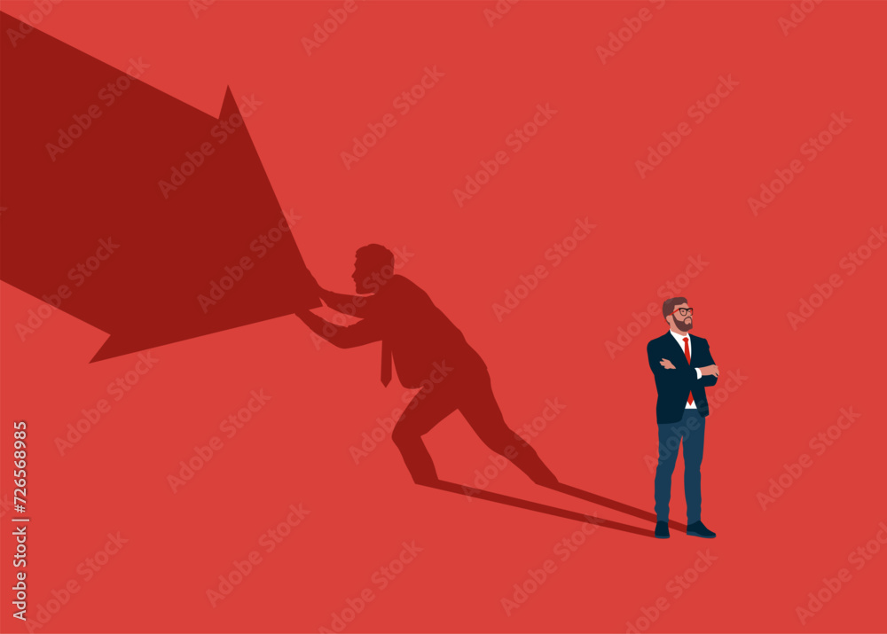 Businessman standing with shadow man pushing falling down arrow with full effort. Effort to win business challenge, economic recession. Flat vector illustration Businessman standing with shadow man pushing falling down arrow with full effort. Effort to win business challenge, economic recession. Flat vector illustration