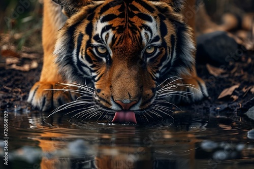 a tiger drinking water from a body of water with his mouth