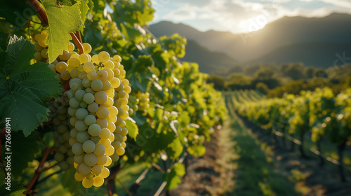 Fruit farm with apple trees. Branch with natural grapes on blurred background of grape orchard in golden hour. Concept organic, local, season fruits and harvesting. Grape with water dripping on them. 