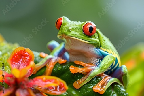 a frog with large red eyes sits on a flower stalk