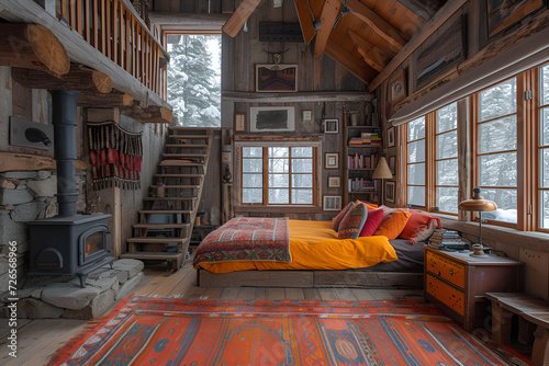 A cozy cabin loft, featuring a wood stove that fills the space with warmth, accompanied by a rustic bedroom furnished in wood. Created with generative AI.
