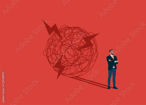 Businessman standing with shadow chaos.  Stress to talk on stage, frightening to give speech to people. Flat Vector illustration.
