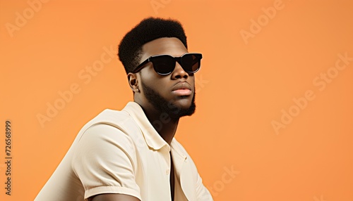Black man wearing sunglasses isolated on orange background. Editorial photography of man during summertime wearing sunglasses and posing. Portrait of a black man with sunglasses on © Divid