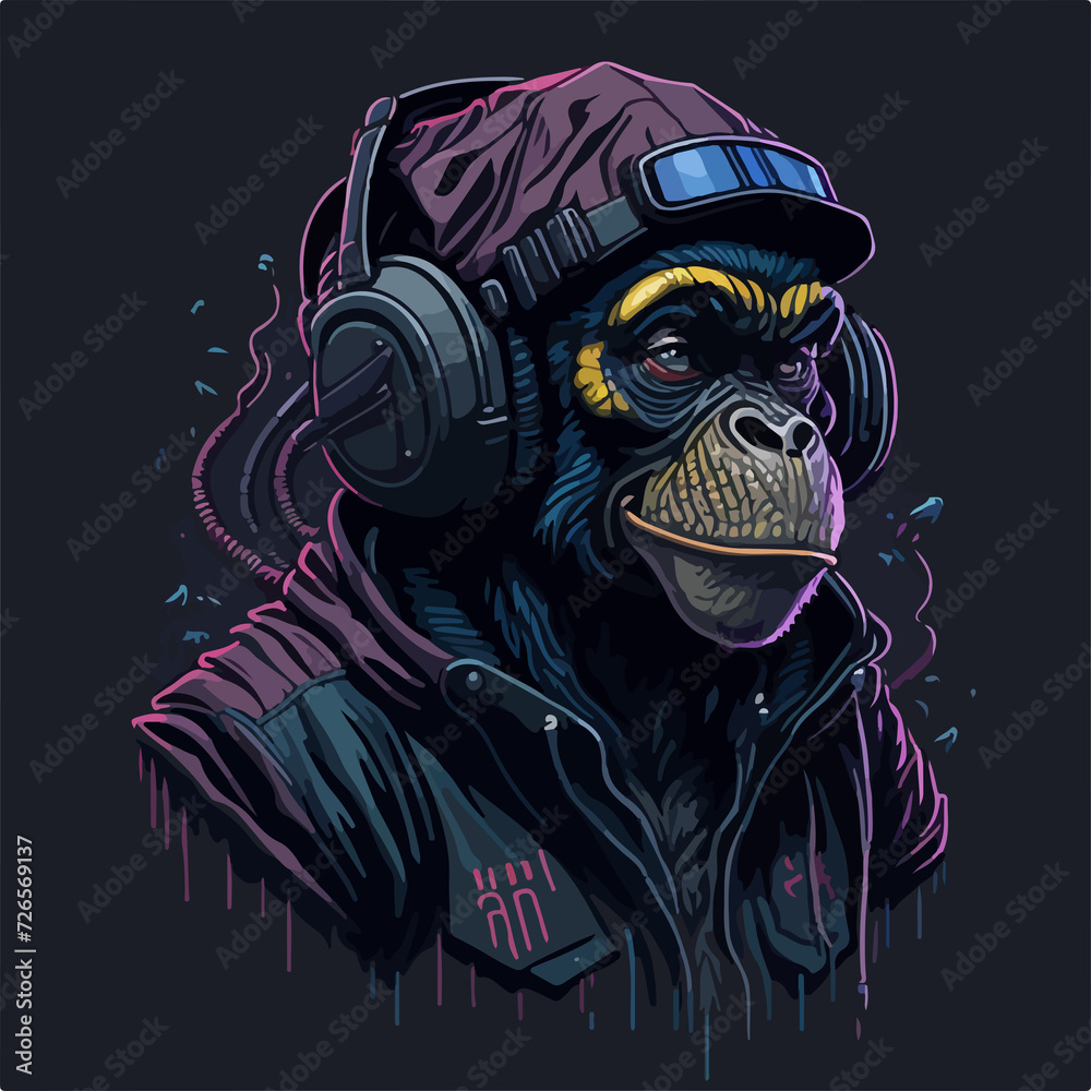 A sleek and stylish t-shirt design showcasing a minimalist graphic of an ape rapper's silhouette adorned with headphones.