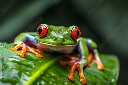 a frog with red eyes sitting on a green leaf in the rain