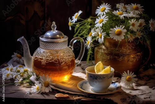 chamomile tea or infusion. Cozy still life with relaxing drink with flowers vase. 