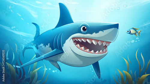 Cartoon shark playfully swims through the underwater world. AI Generative
