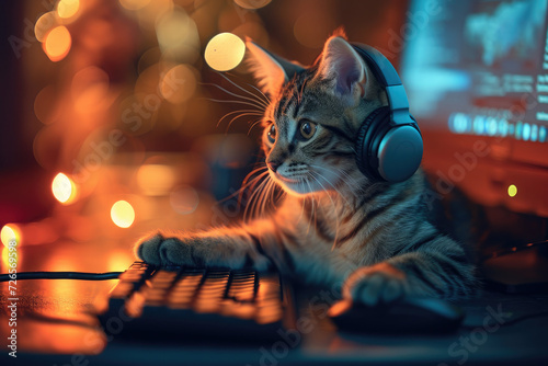 Striped cute funny cat in headphones listens to music, plays computer games, works at the computer against a background of golden bokeh