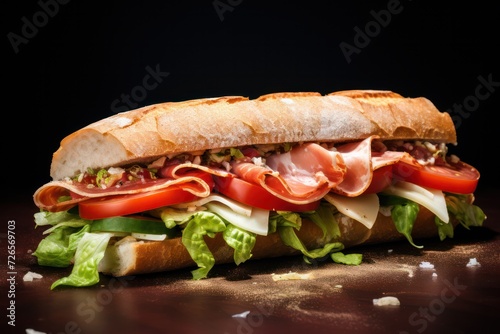 hoagie roll or submarine sandwich closeup isolated on black background. American hot dish with bread filled with meat, cheese, vegetables and condiments.