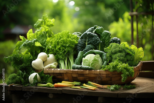 Fresh organic bio vegetables in a wooden box on a blurred green background. Harvesting. Harvest and healthy food concept