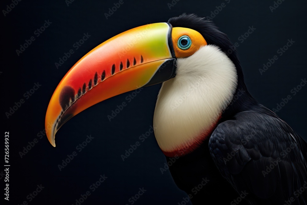 Naklejka premium toucan bird to a tree closeup in wild nature on dark background