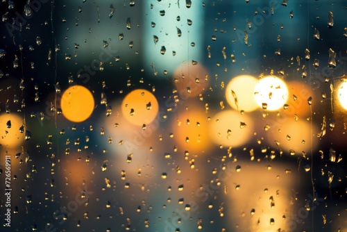 street lights bokeh through window of a car or building with rain water drops on the glass