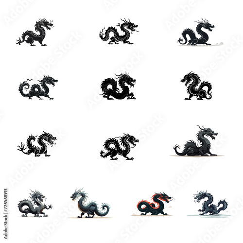 a set of many chinese dragons for chinese new year 2024, chinese lucky dragon symbol, Lùhng, ryū, 龍/竜, yong, 용, mungkorn, มังกรจีน, rồng, generative AI
