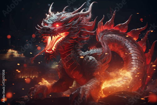 traditional red chinese dragon for chinese new year 2024, chinese lucky dragon symbol, Lùhng, ryū, 龍/竜, yong, 용, mungkorn, มังกรจีน, rồng, generative AI photo