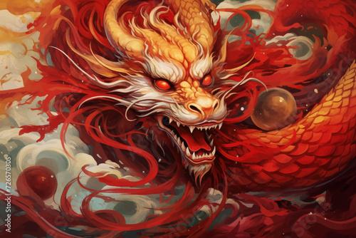 traditional red chinese dragon for chinese new year 2024, chinese lucky dragon symbol, Lùhng, ryū, 龍/竜, yong, 용, mungkorn, มังกรจีน, rồng, generative AI