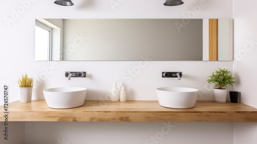 A Stylish Bathroom with Two Sinks and a Sleek Wooden Vanity Surface