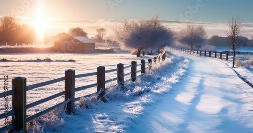 A Wooden Roadside Fence Basking in a Ray of Sun  Set Against a Snowy  Tire-Tracked Winter Panorama